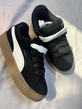 Puma Kids Black & White Suede Platform Sneakers with Gum Sole